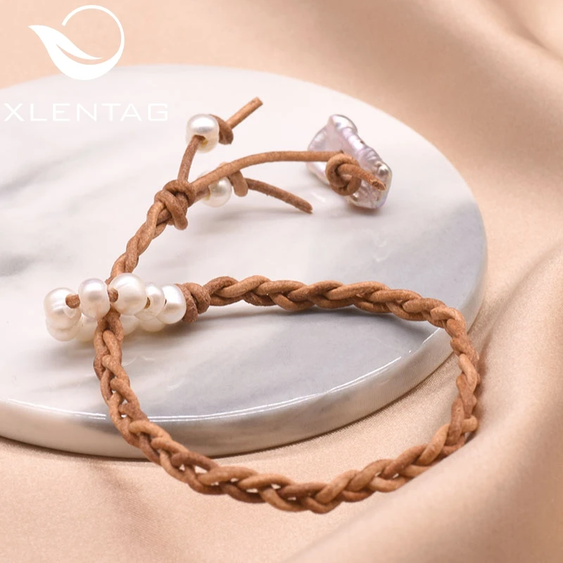 XlentAg 100% кожаный браслет с пресноводным белым жемчугом для женщин аксессуары