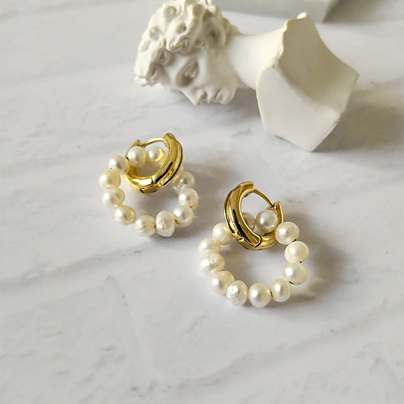 GHIDBK Baroque Freshwater Pearls Circle Hoop Earrings Handmade Gold Dainty Double Rings Earring Minimalist Natural Pearl Hoops