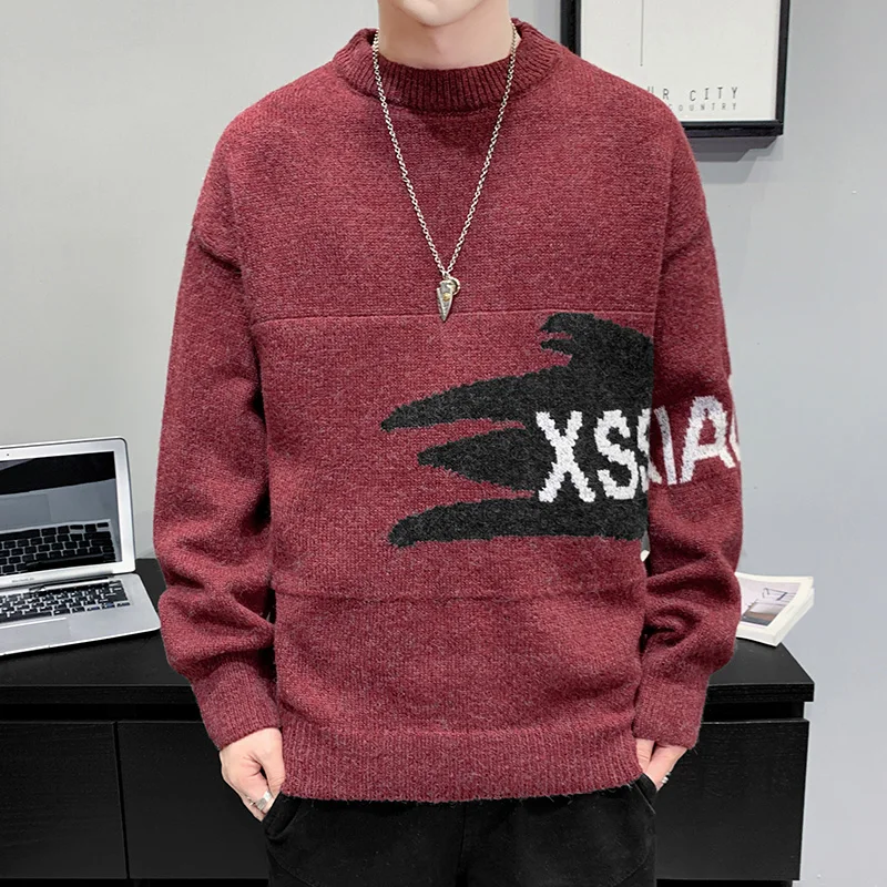 

Mens Crew Neck Sweater Men 2020 Winter Casual Oversized Red Fashion Print Streetwear Pullovers Hip Hop Loose Sweaters For Men