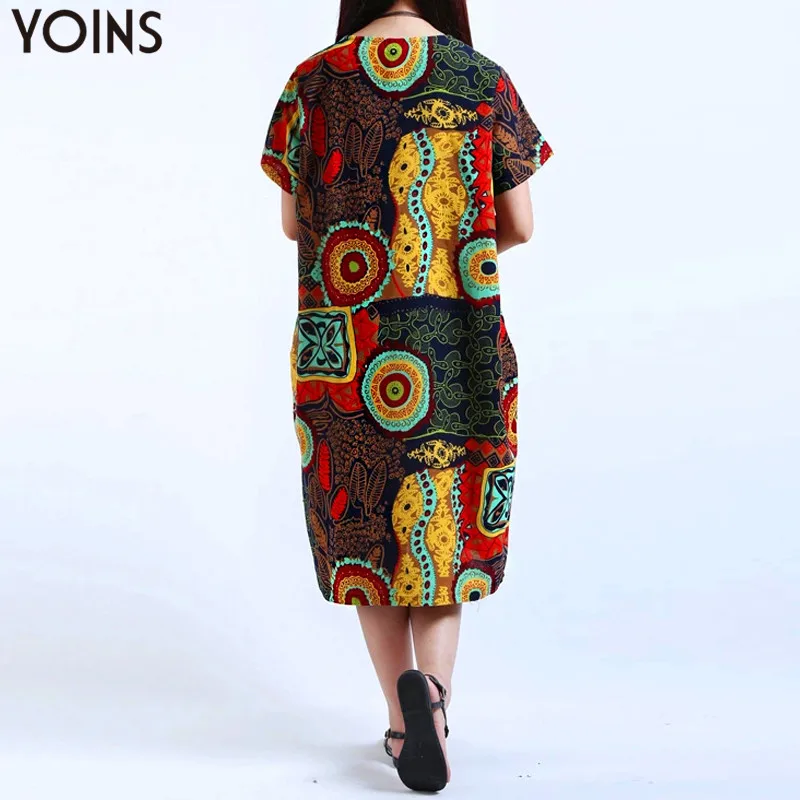 M-5XL2019 YOINS Новое Женское платье с круглым вырезом и цветочным принтом с коротким рукавом из хлопка и льна Повседневное Платье До Колена мешковатое Платье-туника размера плюс