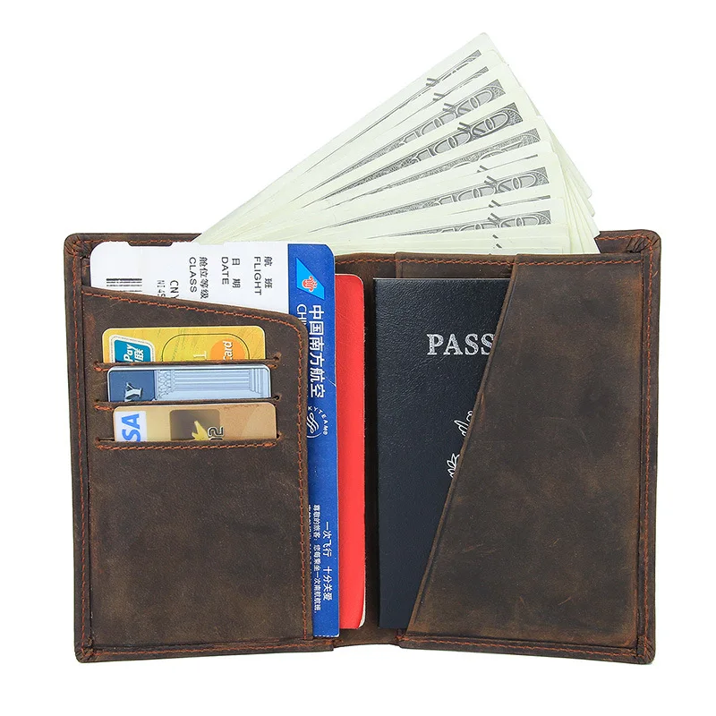 

Men Genuine Leather Passport Holder Wallet Man's Vintage Cowhide Short Purse Male Crazy Horse Leather Passport Cover for Cards