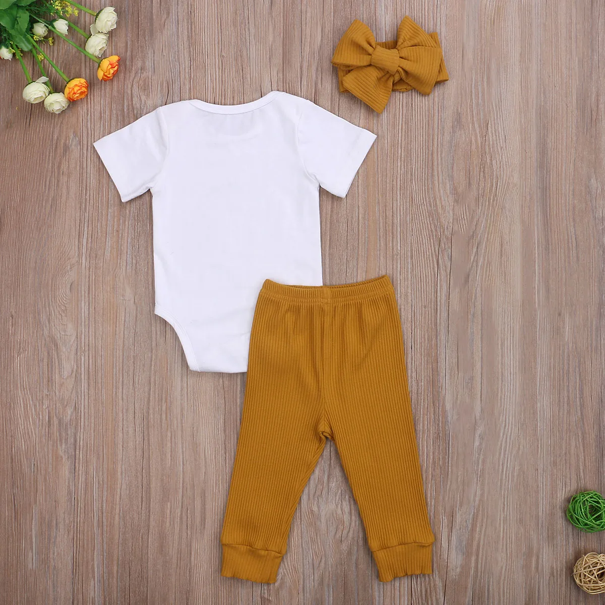 

2020 New Newborn Outfits Infant Baby Girl Short Long Sleeve Round Neck Rainbow Print Romper Solid Ribbed Trousers Bow Headband