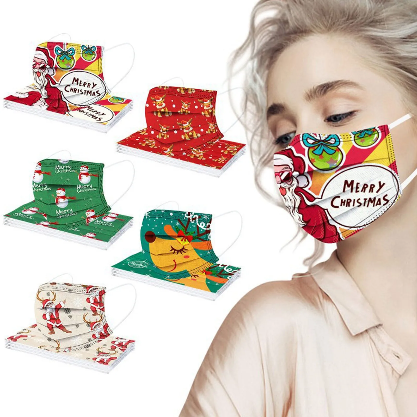 

50PCS Non-woven Breathable Face Mouth Mask Disposable Christmas Masks for Adult Santa Claus Print Masque Mascarillas Desechables