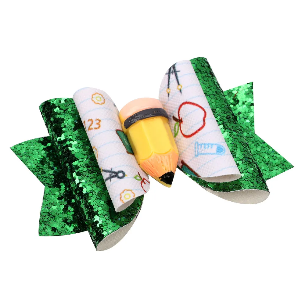 

CN 2Pcs/lot Glitter Back to School Hair Bows For Girls Handmade PVC Three Layers Pencil Hair Clips Students Hair Accessories