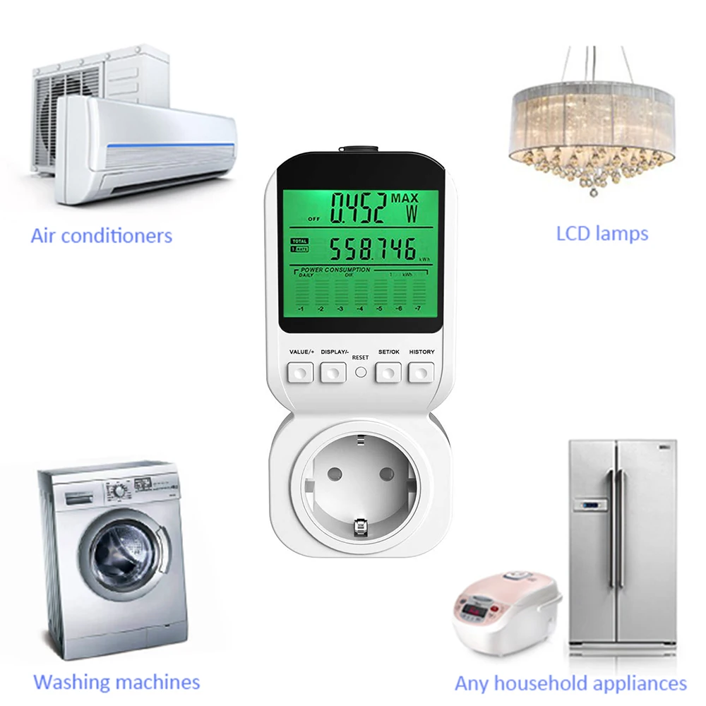 

16A LCD Electricity Energy Meter Power Meter Energy Consumption Monitor Digital Ammeter Voltmeter