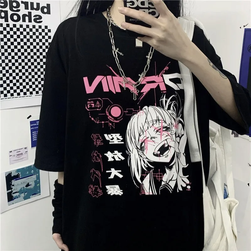 

Women T Shirt Streetwear Anime Clothing Cartoon Clothes Gothic Loose Tops Korean Summer Black T-shirt Plus Fashio