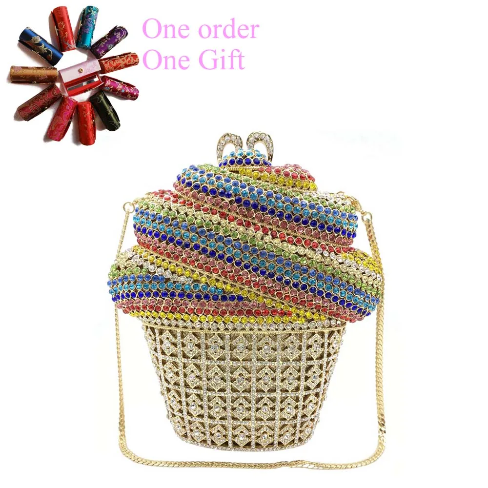 New Arrival Ice Cream Crystal Purse For Woman Rhinestone Clutch Cupcake Summer Holiday Bag Metal Chain Handbag