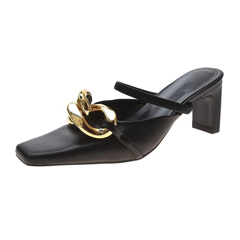 

New 2021 Women Slippers Metal Chain Shallow Thin Heels Ladies Sandals Slingbacks Female Fashion Summer Outdoor Concise Shoes