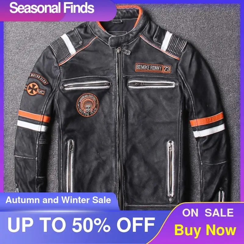 

2021 Vintage Black Men American Motorcycle Leather Jacket Plus Size XXXXXL Genuine Cowhide Slim Fit Biker's Coat FREE SHIPPING
