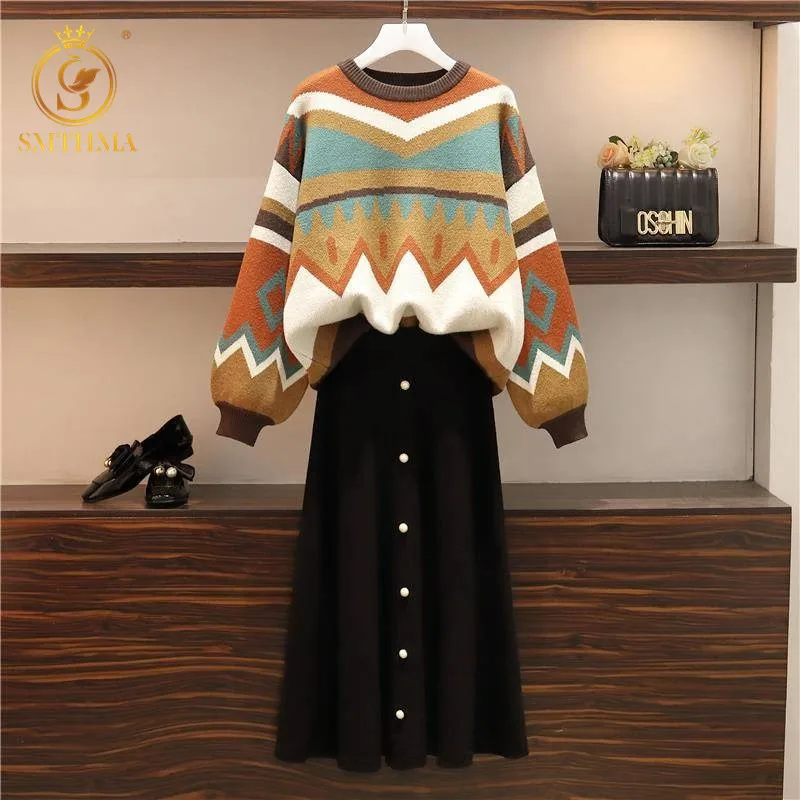 Женский трикотажный костюм SMTHMA толстый свободный свитер с геометрическим