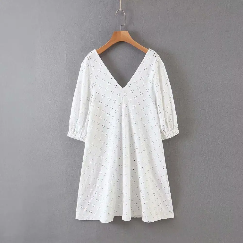 2020 женское элегантное белое мини-платье с v-образным вырезом и вышивкой