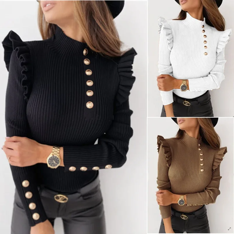 

Autumn Women T-shirts Buttons Long Sleeve Tops O-Neck Slim Basic Shirts Solid Tees Office Lady Tshirts Winter Ruffles X104