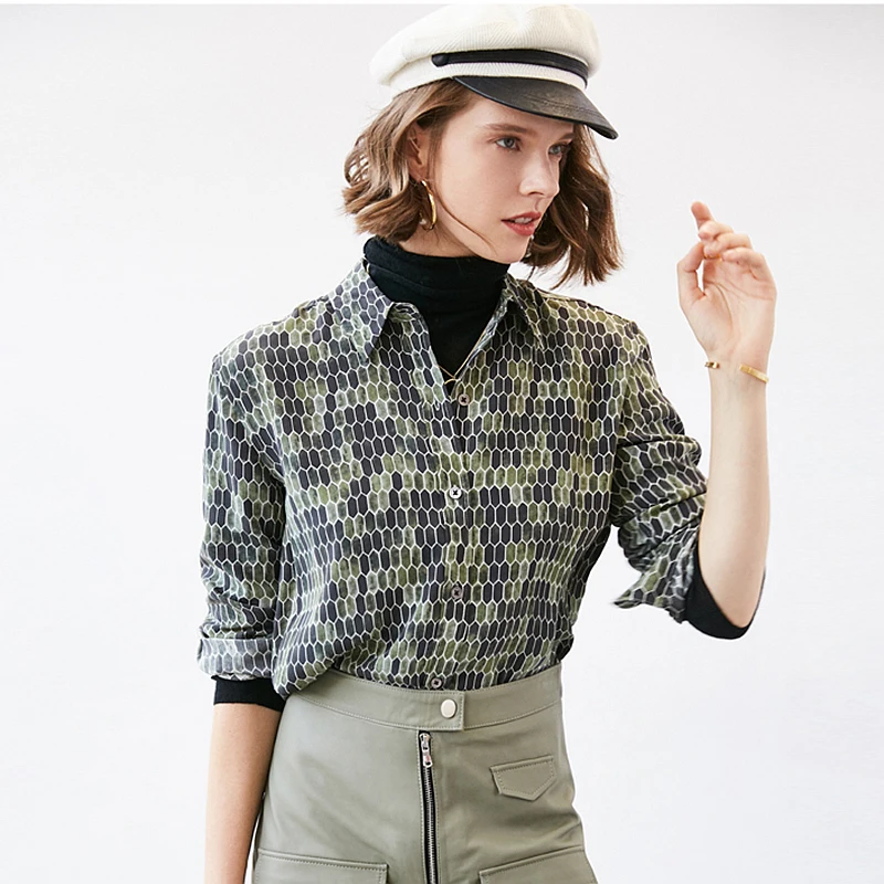 100% Silk Blouse Women Honeycomb Printing Turn Down Collar Shirt Simple Design Long Sleeves Translucent Fabric Casual Top