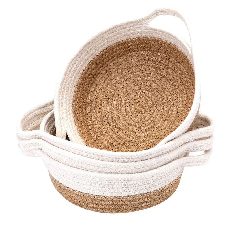 

4 Pack Woven Rope Basket with Handles 9.8x3Inch Cotton Rope Bin Multipurpose Organizer for Kid's Toy Sundries Storage