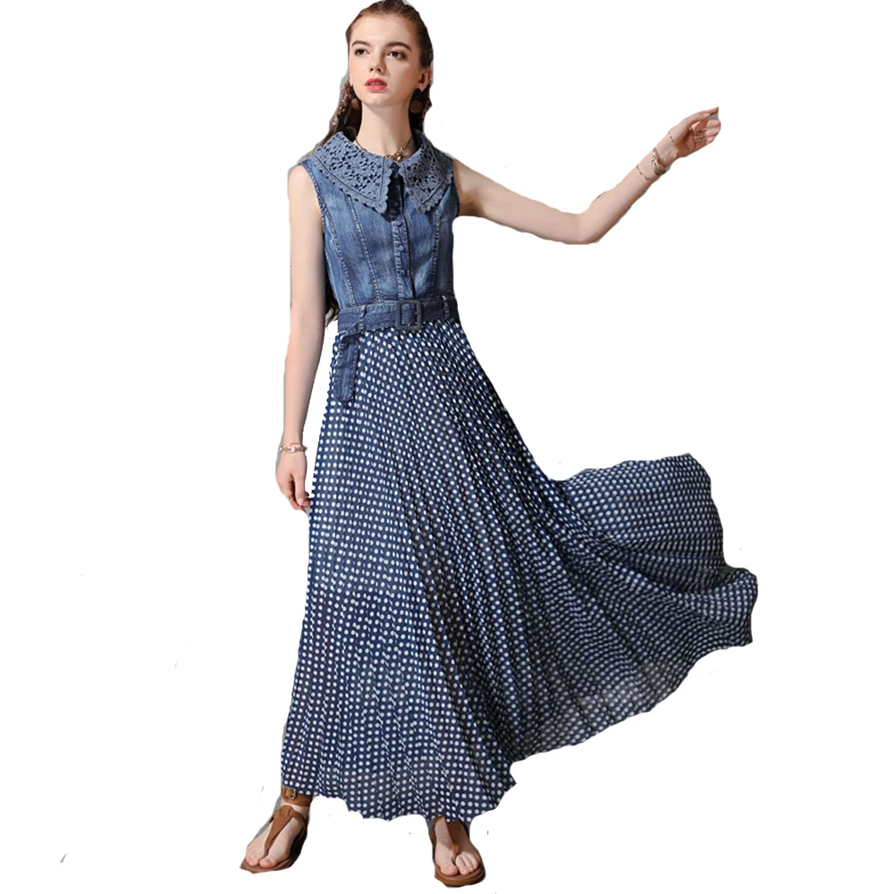 

Vintage Style Sleeveless Turn-down Collar Polka Dot Split Denim Dress For Women Single Breasted High Waist With Belt FS0939