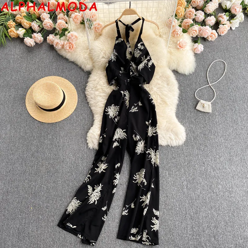 

ALPHALMODA 2021 Beach Backless Ruffled Hollow Out Women Casual Printed Jumpsuit Halter Neck Wide-leg High Waist Overall Outfit
