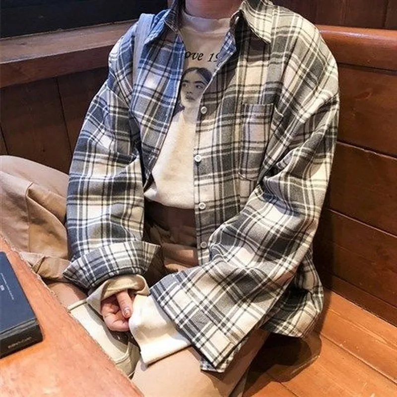 

Women 2021 New Spring Autumn Korean Retro Plaid Shirt Long Sleeve Turndown Collar Single-breasted All-match Blouse Blusa Y671