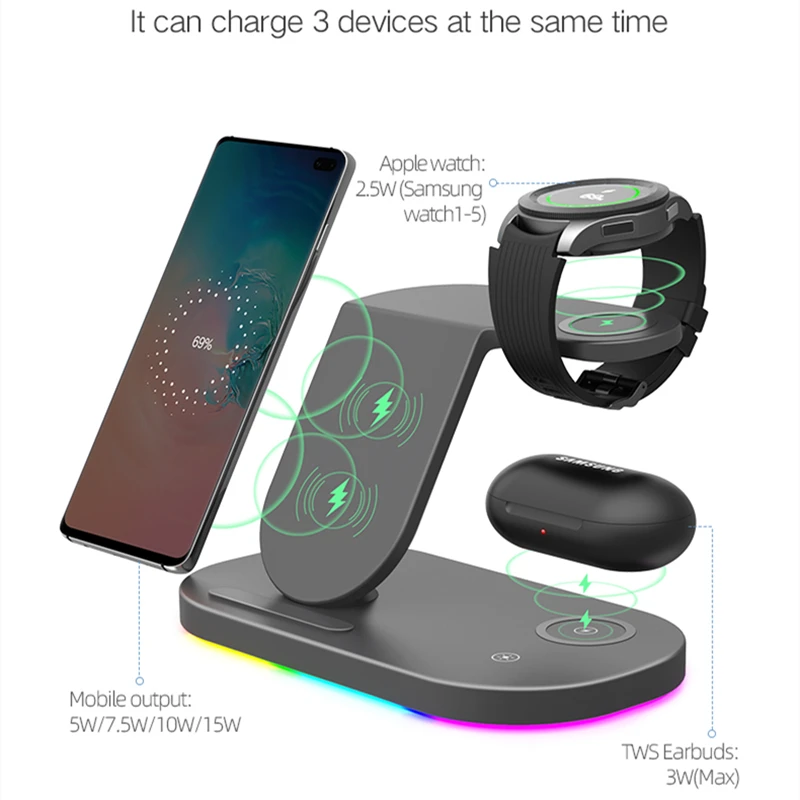 rgb fast wireless charger qi 3 in 1 wireless charging station compatible with apple airpods iphone 12 samsung watch galaxy s20 free global shipping