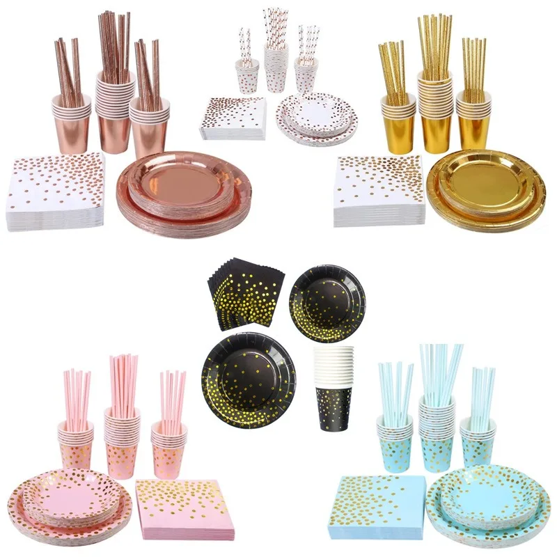 

50PCS/Set Meal Gilded Party Tableware Set Cup Plate Napkin Straw Wedding Anniversary Holiday Banquet Party Decoration