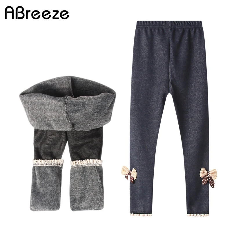 Осенне-зимние детские штаны плотные теплые джинсовые леггинсы с бантом для