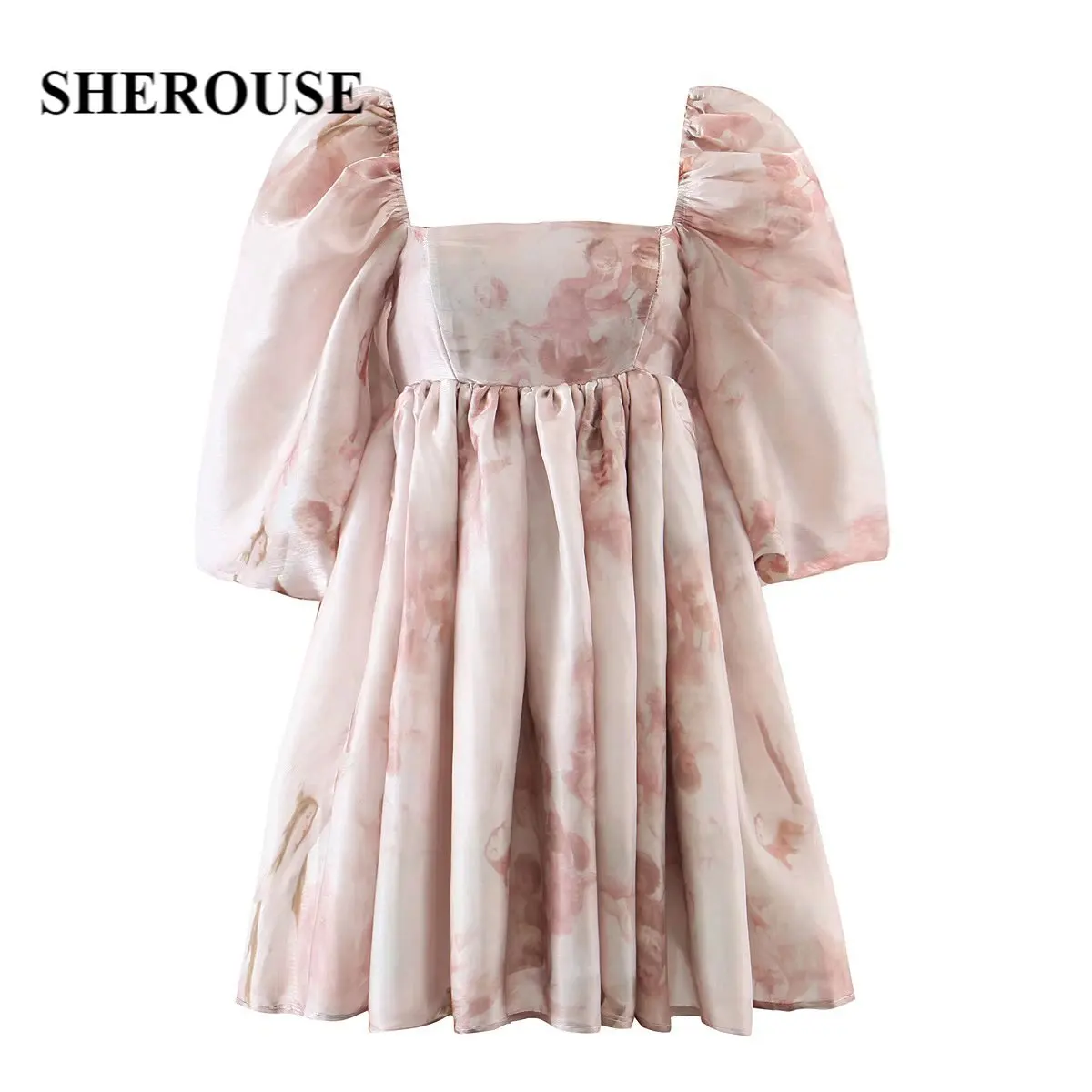 

Sherouse Women Fashion Printed Back Zipper Mini Dress Vintage Square Collar Half Puff Sleeve Female Dresses