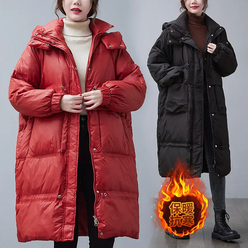 2021 Fashion Loose Thick Plus Size Down Jacket Mid-Length Women's Pure Color Hooded Padded Coat Parka Lazy Trend Outerwear M1431