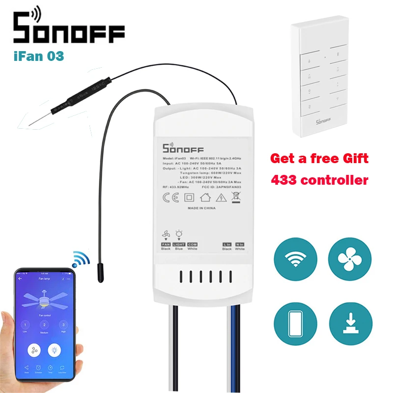 SONOFF IFan03 Wi-Fi потолочный вентилятор и светильник с управлением поставляется с 433 МГц RF пульт дистанционного управления с помощью приложения ewelink