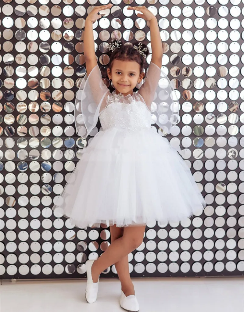 

Ivory Lace Tulle Flower Girl Dress for Wedding Knee Length First Communion Dress Birthday Party Gown for Girls