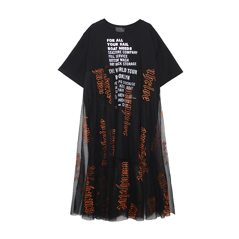 

XUXI Women Slim Mid-length Dress Short Sleeve Fashion Printing Net Yarn Stitching T-shirt Over The Knee Skirt Summer 2021 E1934