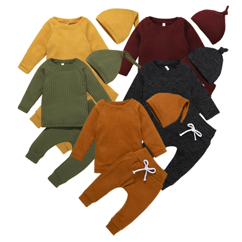 

Children's Suit Solid Color Knitted Long-sleeved Trousers Three-piece Suit For Boys And Girls