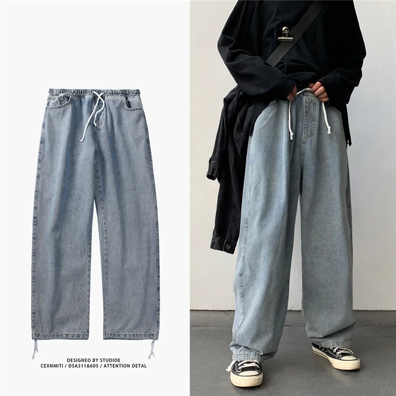 

Korean Style Loose Wide Leg Jeans For Men 2021 Blue Baggy Denim Pants Kpop Clothes Fashion Jeansy Ulzzang Cargo Jeans Male