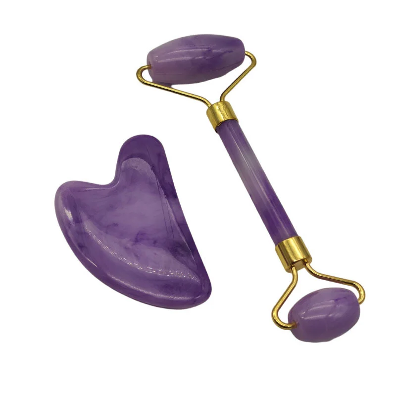 

2pcs Face Massager Roller Natural Resi Stone Guasha Board Scraper Set Facial Lift Skin Relaxation Slimming Beauty Neck Thin Tool