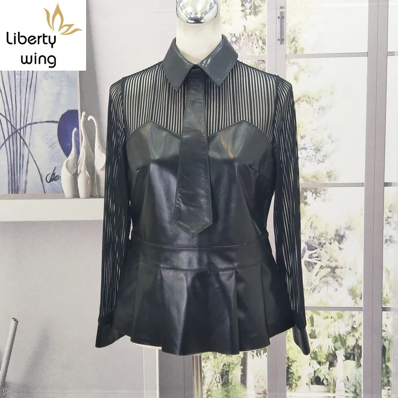 100% Genuine Leather Long Sleeve Patchwork Lace Shirts Women Office Lady Slim Black Sheepskin Blouse Spring Short Shirt M-3XL