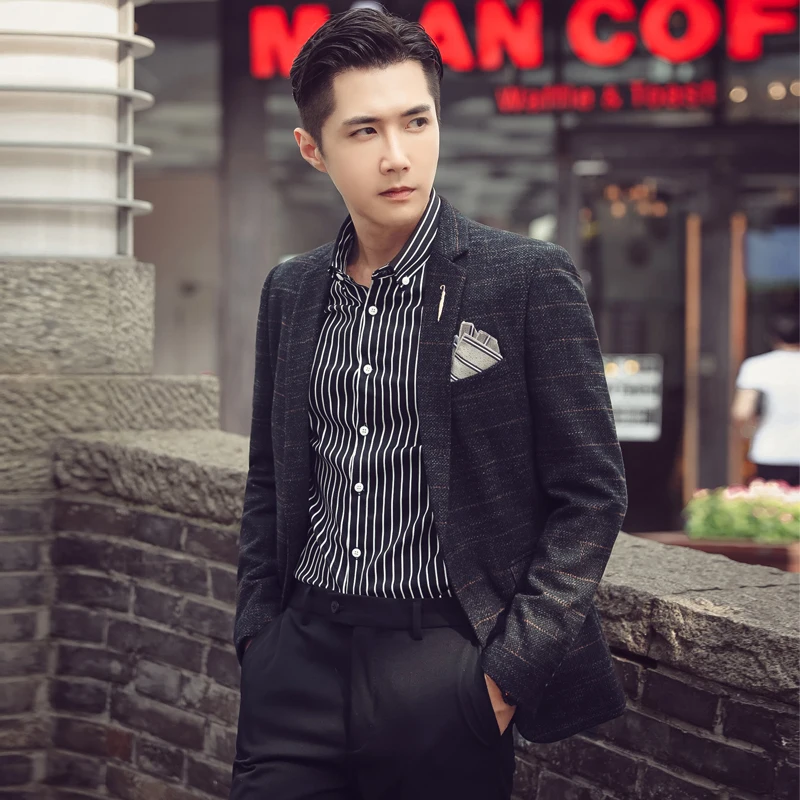 Мужской повседневный костюм в клетку британский Свадебный жениха из шерстяной