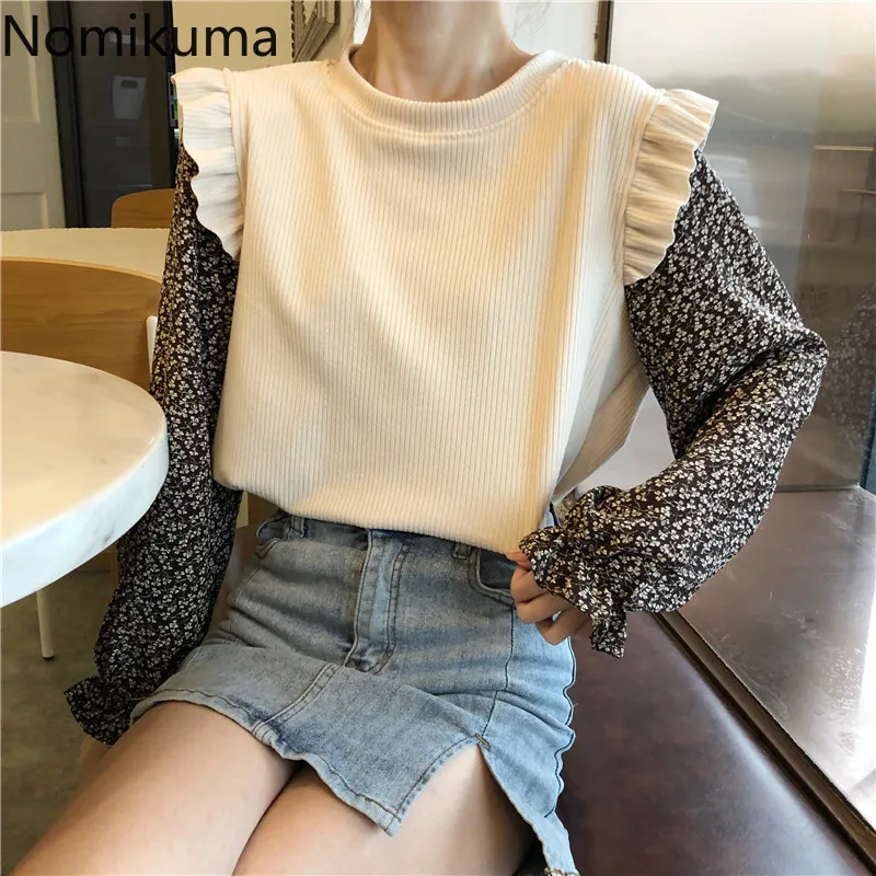 

Fake Two Pieces Women Pullover Knitwear Floral Long Sleeve Patchwork Knitted Tops 2021 Autumn Ruffle Pull Femme