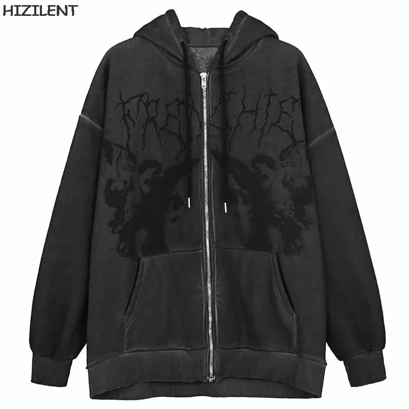 Женская уличная одежда на молнии Y2K куртка с капюшоном в стиле хип-хоп принтом