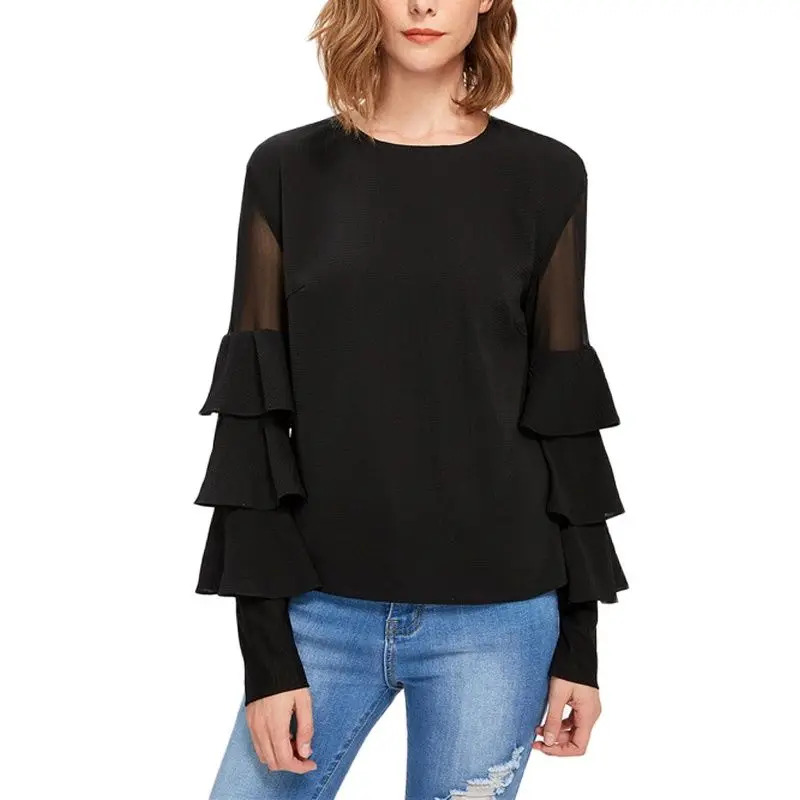 

Женская шифоновая футболка с расклешенными рукавами, классические черные топы с круглым вырезом, Офисная любимая одежда, осень 2020