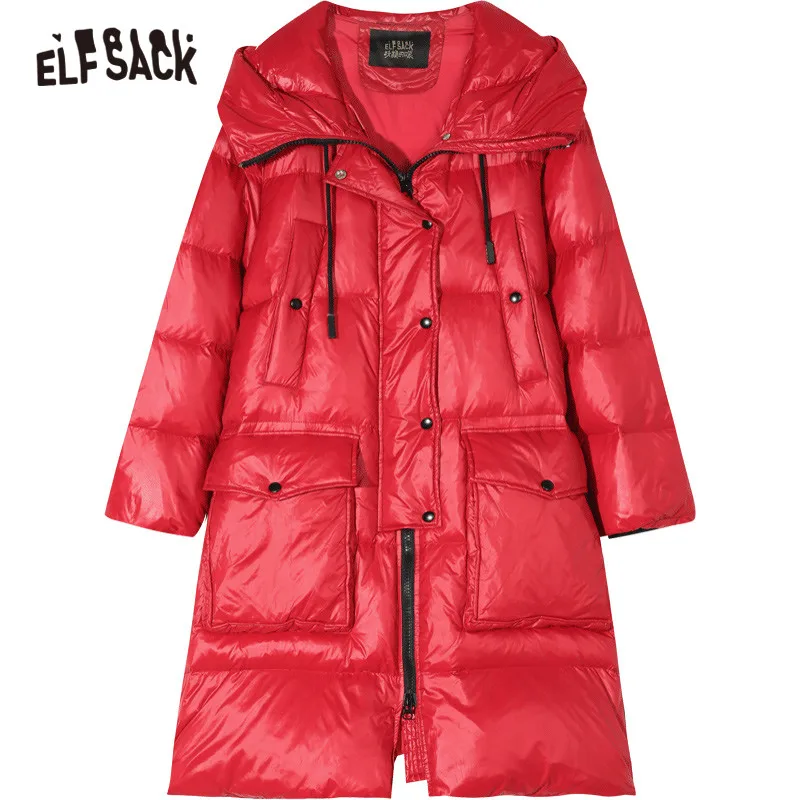 ELFSACK черный однотонный сатиновый прямой с капюшоном теплый длинный пуховик для