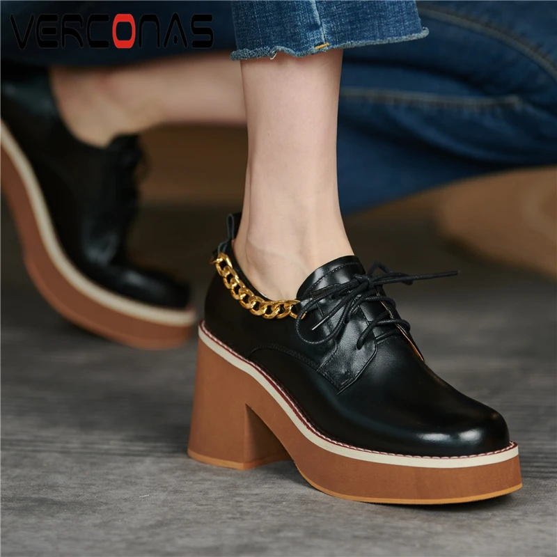 

VERCONAS Platforms Thick Heels Autumn Women Pump Lace-Up Casual New Metal Chain High Heels Genuine Leather Retro Shoes Woman