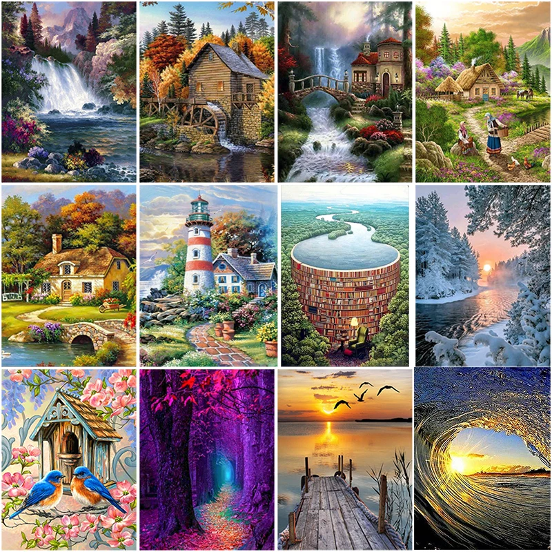 

DIY 5D Diamond Painting House Cross Stitch Full Round Diamond Embroidery Landscape Tree Mosaic Rhinestones Art Home Decor Gift