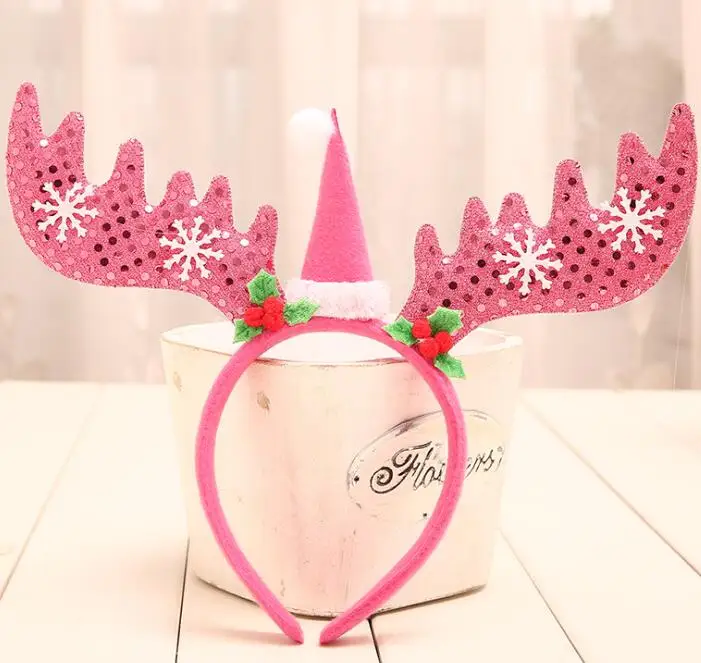 Новогоднее украшение повязка на голову с рогами и блестками Санта Клауса