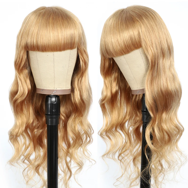 Парики из человеческих волос Блонд-коричневого и красного цвета с челкой для