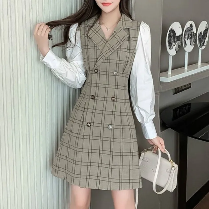 

Blazer Plaid Dress Women Casual Long Sleeve Female Stitching Designer Dress 2021 Spring Casual Party Lady One-piece Dress Korean