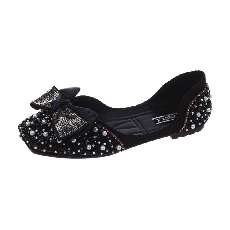 

Comfortable Fairy Knitting cut out pearl crystal ballet flats woman loafers square toe slip on moccasins women shoes