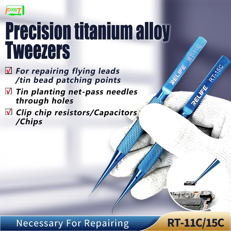 

RELIFE Tweezers For Extension Precision Titanium Alloy Blue For Mobile Phone Repair Motherboard Chip IC Flying Lead RT-11C/15C