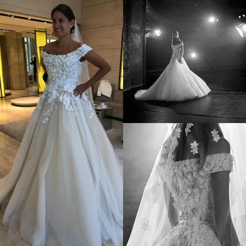 

2021 Wedding Dresses Off Shoulder Lace 3D Floral Appliques Pearls A Line Wedding Dress Custom Made Bridal GownsVestidoe De Noiva