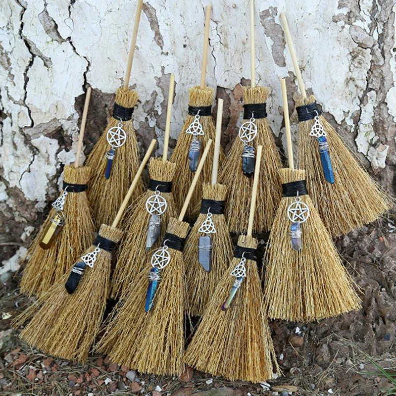 

27 styles Dust Removal Broom Wicca Celtic Pentagram Mini Witch Broom Witchcraft Accessories Raw Crystal Wicca Altar Broom
