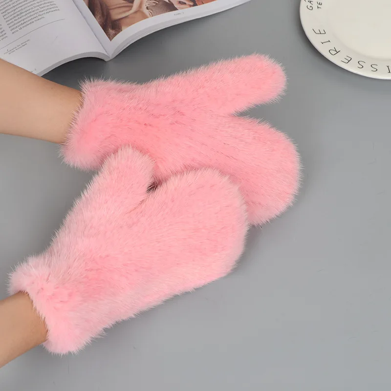 Mink Fur Orange Gloves Women Winter New Korean Version Of The Warm Cute Female Suede Weaving Fingers Fur Gloves