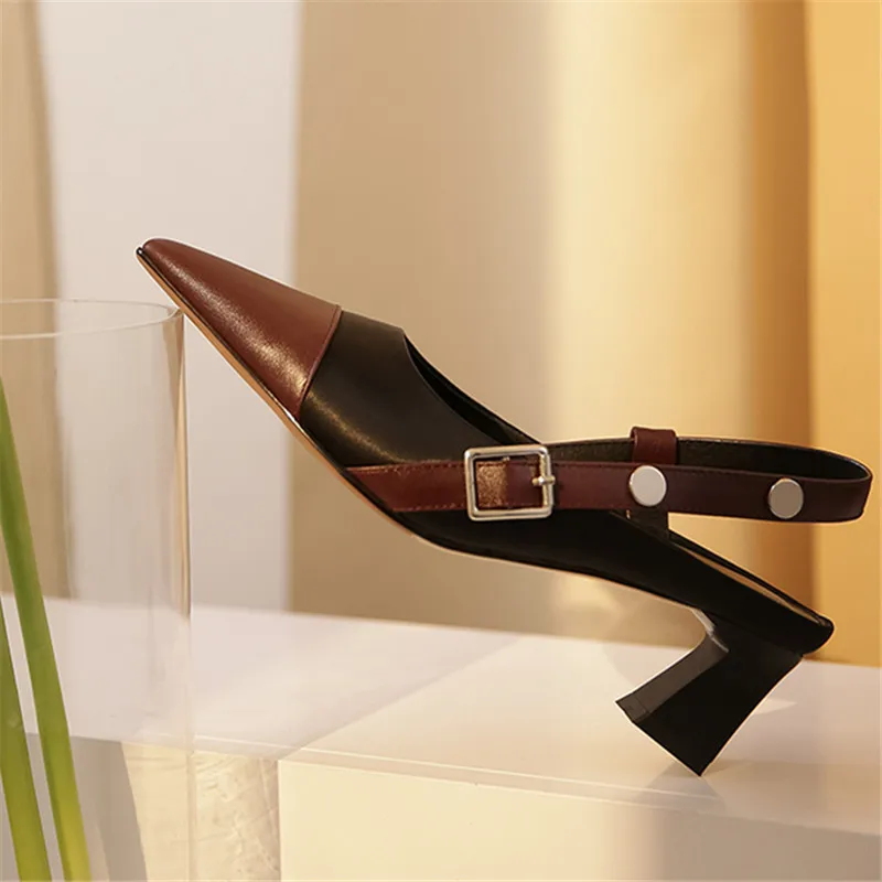 

Women Sandals Elegant Fashion Buckle Mixed Colors Genuine Leather Shoes Pointed Toe Stiletto High Heels Mature Singback Pumps