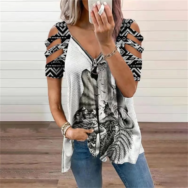 Женская винтажная рубашка на молнии Свободный пуловер с контрастным принтом и V